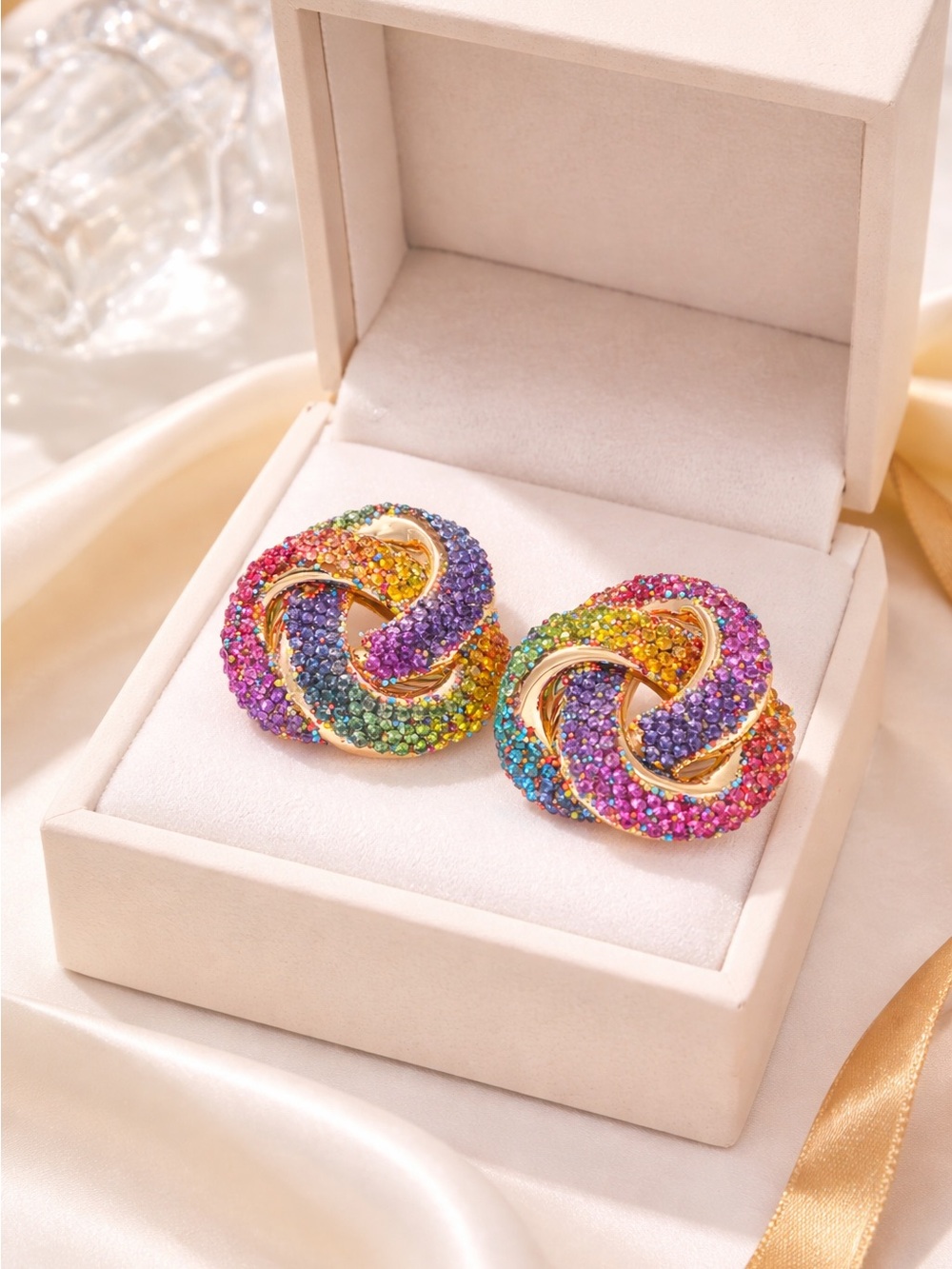 Gold-Tone Rainbow Crystal Knot Earrings - Multicolor